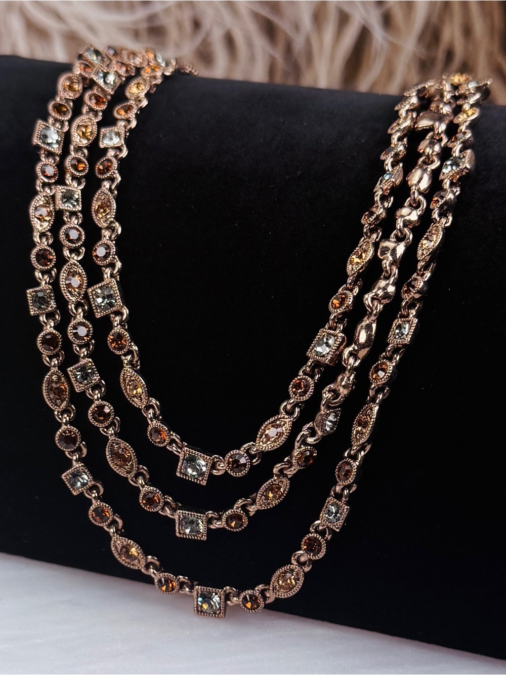 Vintage 4 Strand Crystal Rhinestone Chain Necklace Bronze Tone Statement